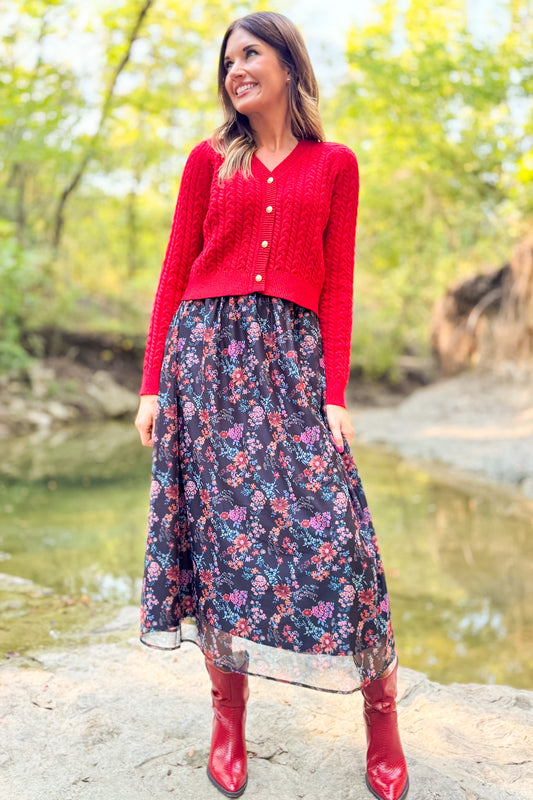 SSYS Ember Mesh Tulle Midi Skirt In Dark Floral