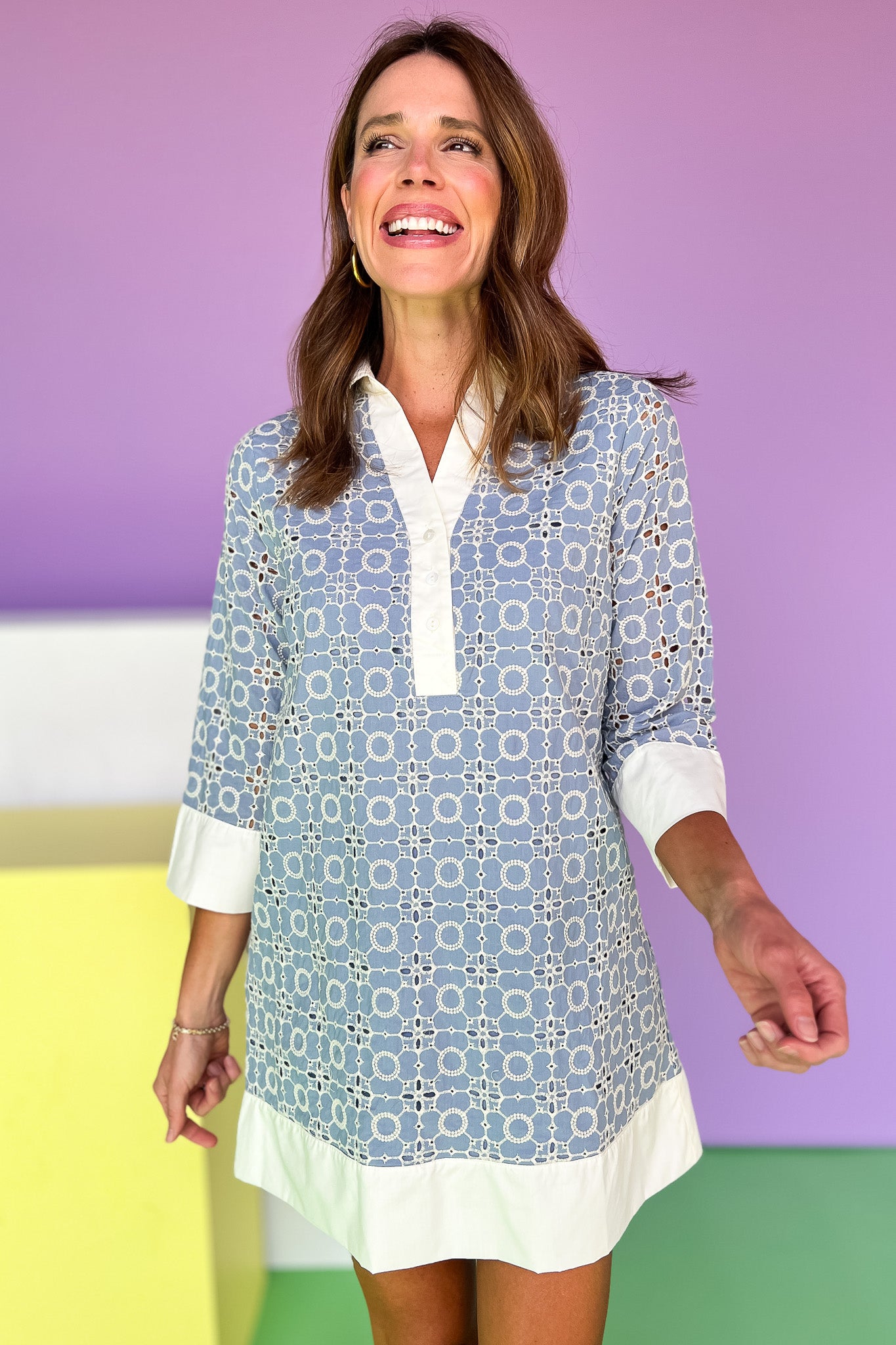 Blue Embroidered Contrast Trim Collared V Neck Dress