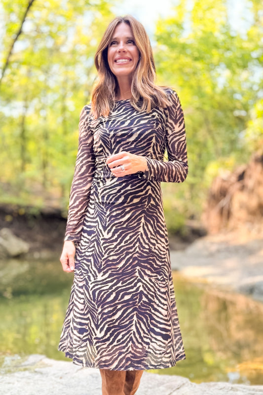 SSYS Brynn Mesh Midi Dress In Animal Stripes