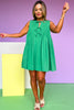 Green Pleated Round Neck Bow Tie Closure Sleeveless Dress *FINAL SALE*