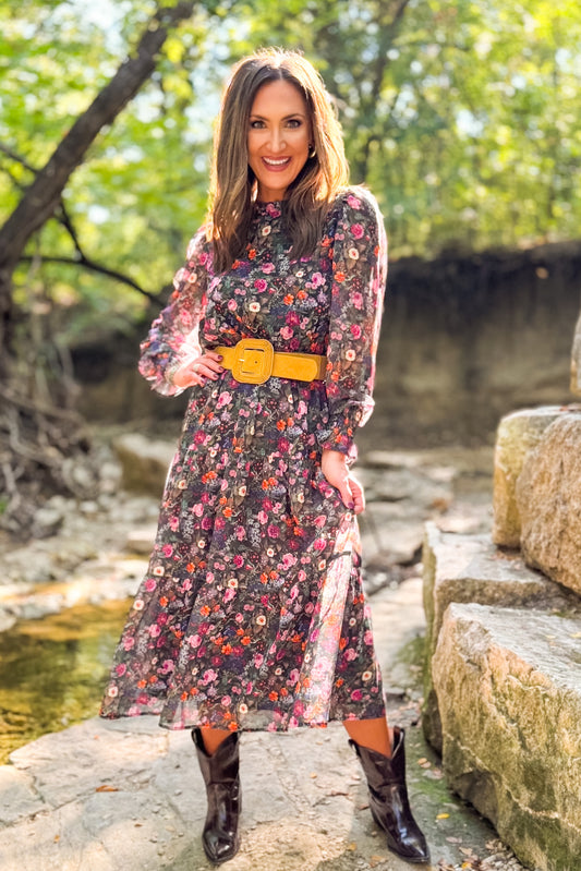 SSYS Danielle Printed Sheer Sleeve Dress In Floral