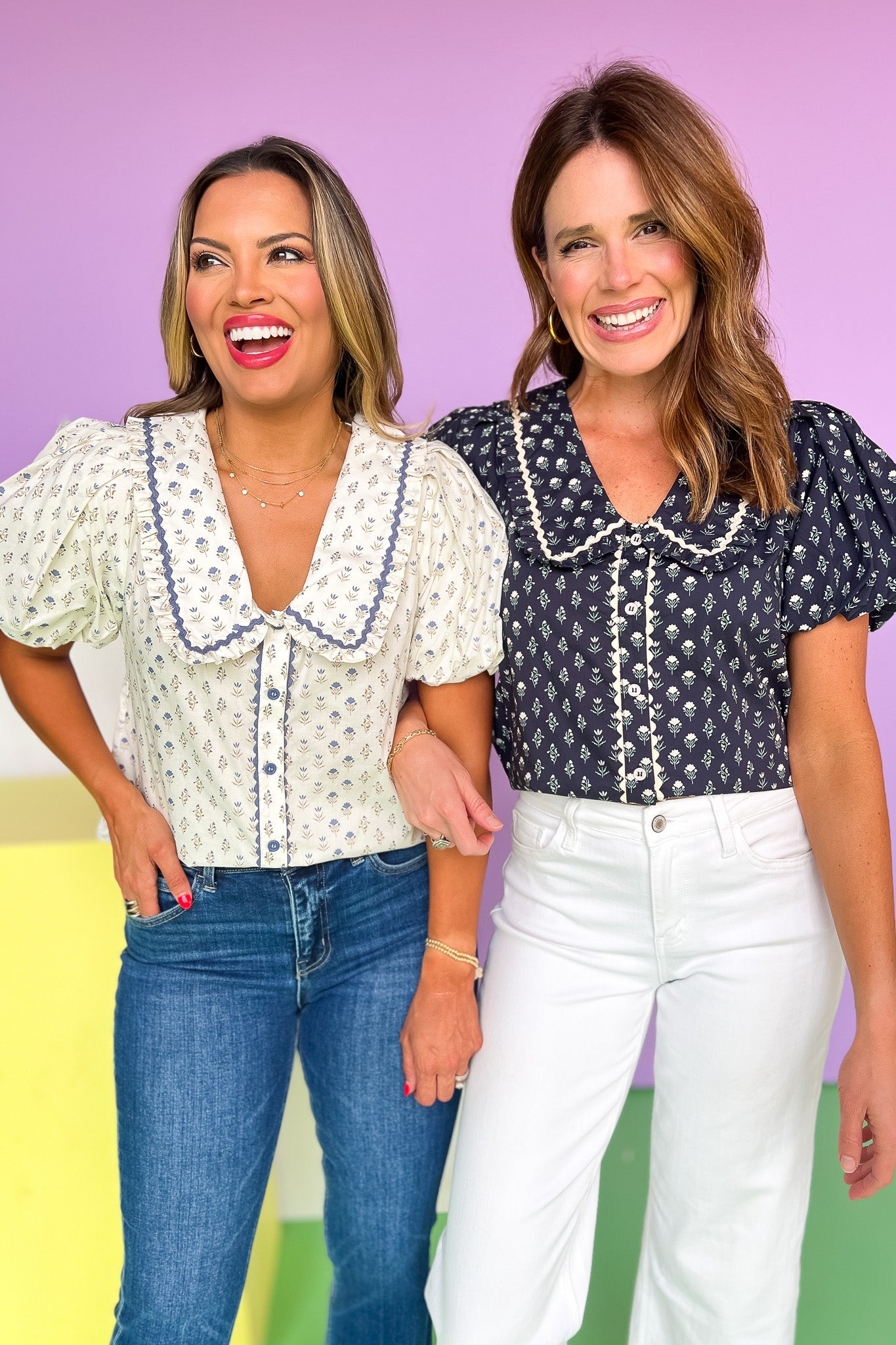Navy Floral Print Ruffle Finish Collar Button Front Top