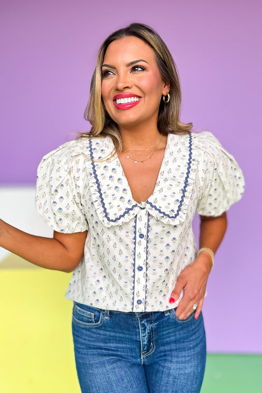 Cream Floral Print Ruffle Finish Collar Button Front Top