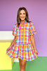 THML Yellow Multi Gingham Short Puff Sleeve Dress