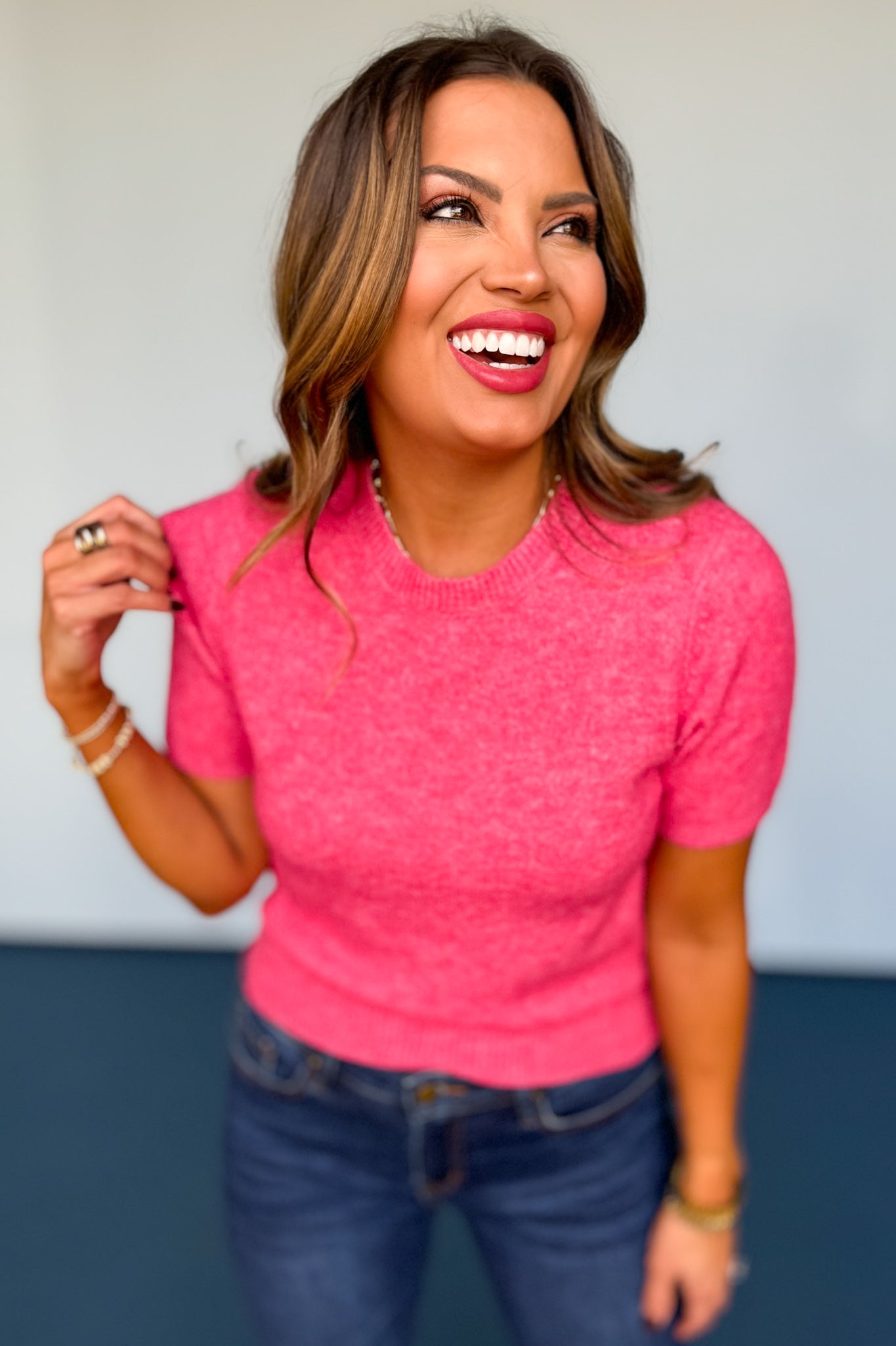 Pink Knit Crew Neck Ribbed Hem Short Sleeve Sweater Top, must have top, must have basic, elevated basics, elevated basic top, perfect fall top, perfect fall, perfect layering top, layering top for fall, ssys by mallory Fitzsimmons
