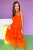 Orange Smocked Tube Bodice Eyelet Scallop Lace Trim Skirt Midi Dress