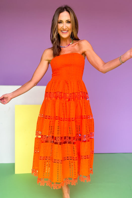 Orange Smocked Tube Bodice Eyelet Scallop Lace Trim Skirt Midi Dress