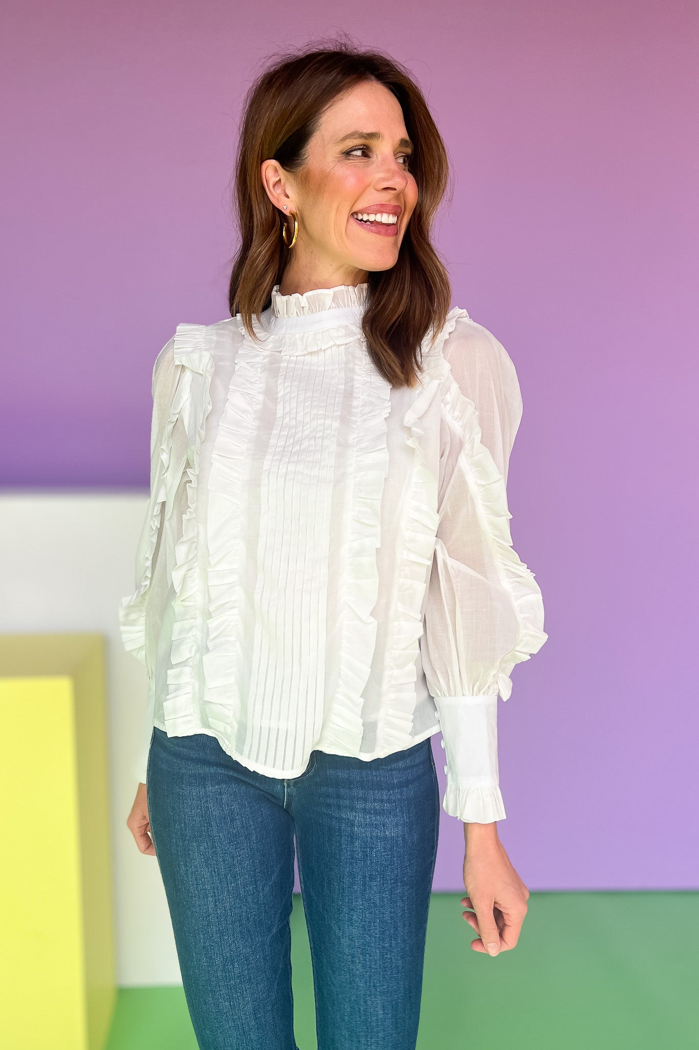 Off White Ruffle Detail Long Sleeve Top