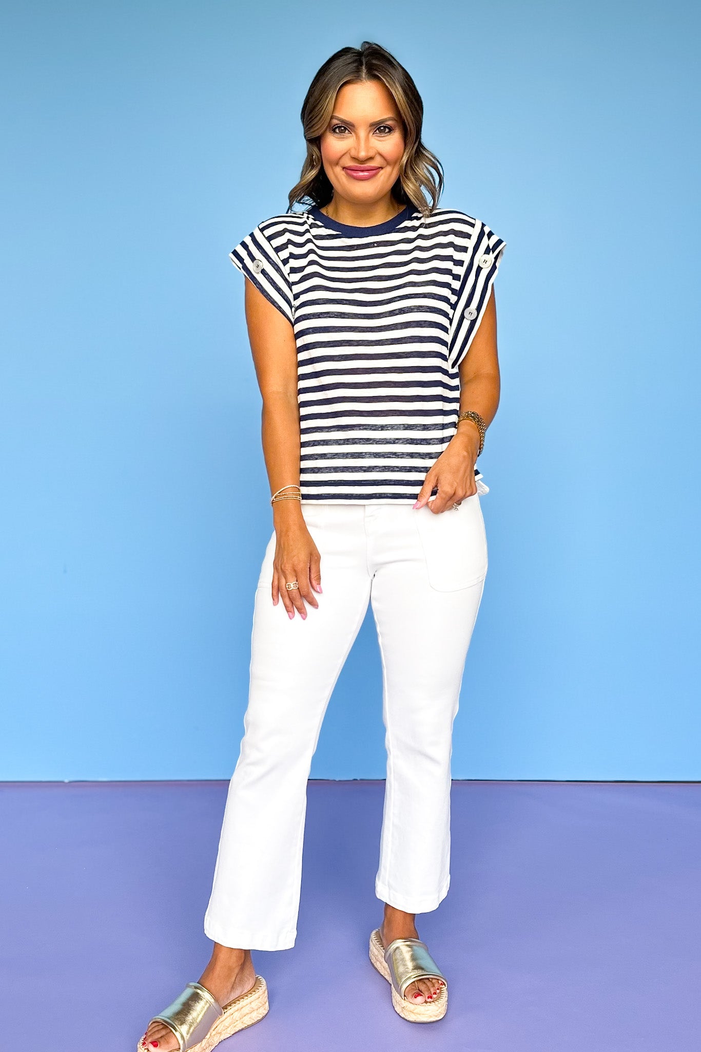 Navy Stripe Side Button Detail Short Sleeve Top *FINAL SALE*