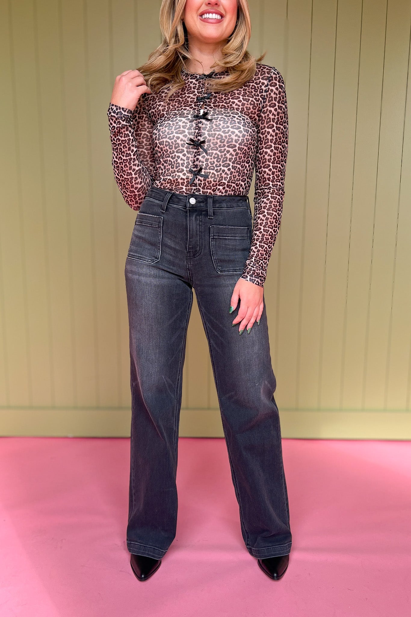 Vervet Charcoal High Rise Front Pocket Detail Wide Trouser Jeans