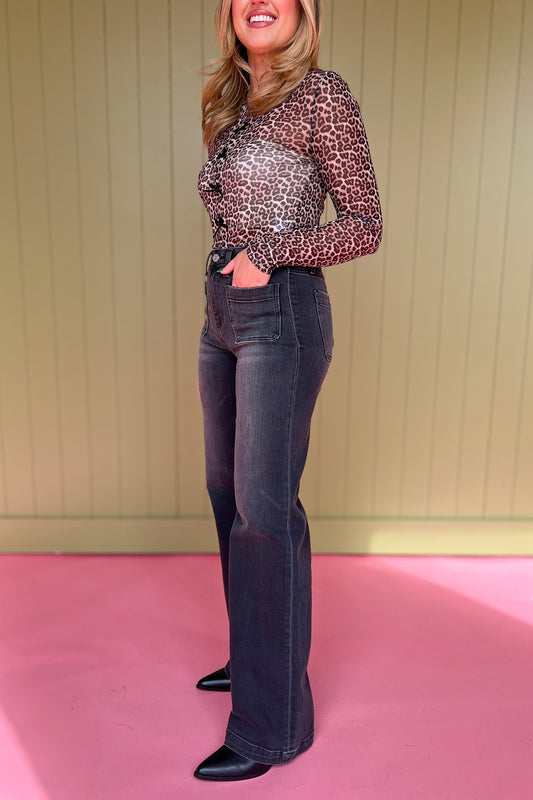 Vervet Charcoal High Rise Front Pocket Detail Wide Trouser Jeans