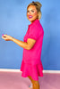 SSYS Margaret Drop Waist Collared Scuba Dress In Hot Pink *FINAL SALE*, button details, short sleeve dress, athleisure, outfit for running errands, workout dress, comfortable, everyday wear, exclusive design, ssys by mallory fitzsimmons