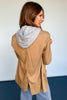 Tan Blazer hoodie insert twofer, elevated basic, twofer outfit, blazer over hoodie, hoodie under blazer outfit, elevated style, streetwear style, on trend blazer, new arrival blazer, SSYS by mallory Fitzsimmons