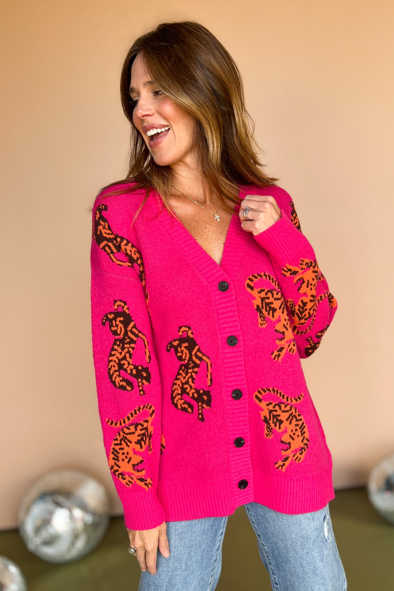 Hot Pink Animal Printed Long Sleeve Button Front Cardigan, animal cardigan, must have cardigan, elevated cardigan, must have style, elevated style, fall style, fall cardigan, ssys by mallory fitzsimmons