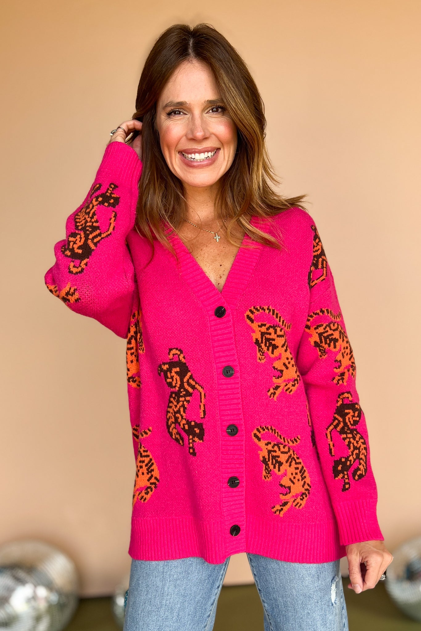 Hot Pink Animal Printed Long Sleeve Button Front Cardigan, animal cardigan, must have cardigan, elevated cardigan, must have style, elevated style, fall style, fall cardigan, ssys by mallory fitzsimmons