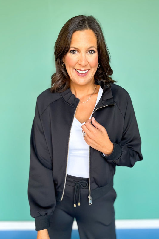 SSYS Black Scuba Ruffle Neck Zip Jacket