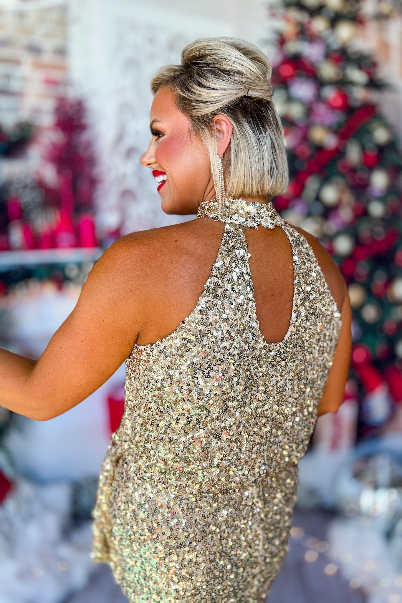 SSYS The Penny Halter Sequin Bodysuit In Gold, ssys holiday, ssys the label, sequin, ssys sequins, holiday outfit, must have holiday, christmas outfit, party outfit, elevated holiday, sparkly outfit, chic outfit,ssys by mallory fitzsimmons