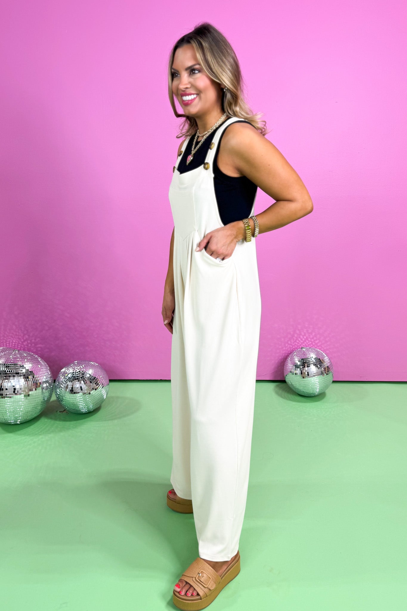 Cream Waffle Pleated Pocket Detail Jumpsuit