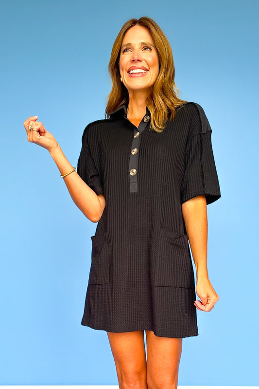 Black Waffle Knit Half Button Dress *FINAL SALE*