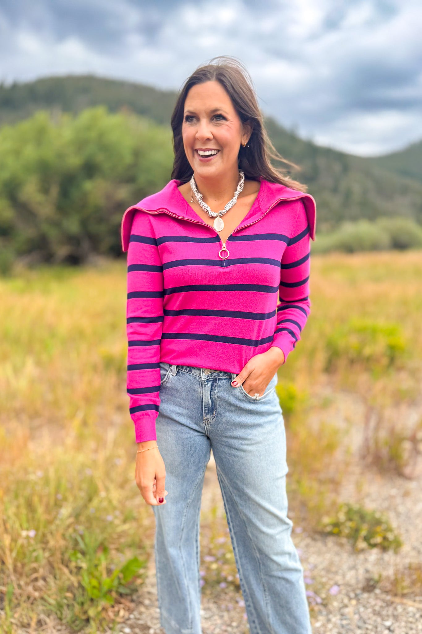 SSYS Alex Stripe Zip Long Sleeve Top In Pink Navy