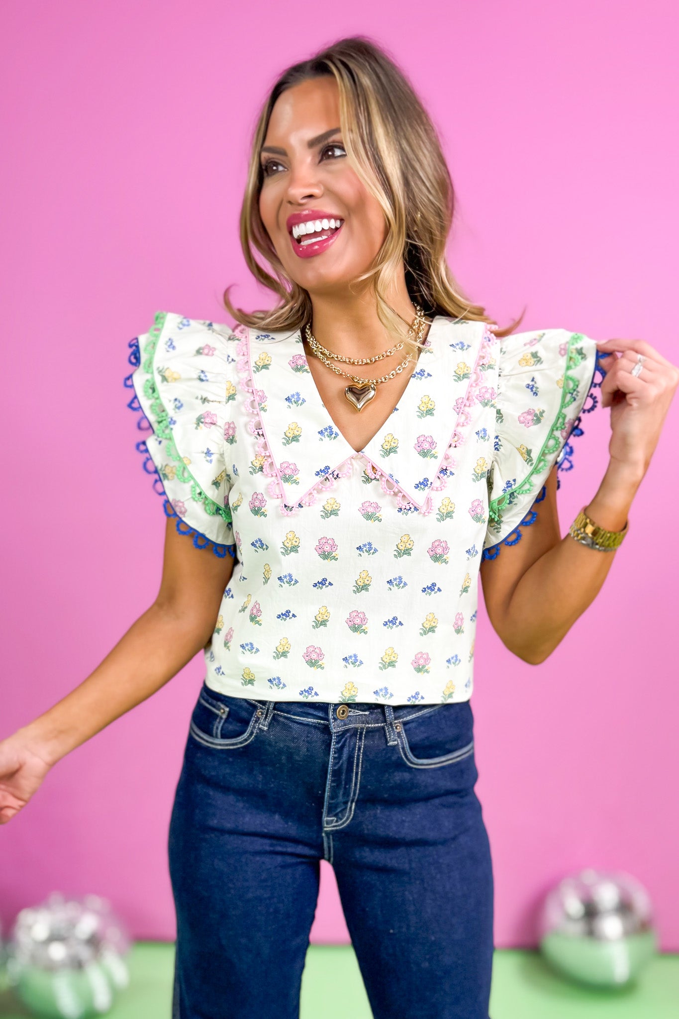 Cream Floral Print Crochet Scallop Trim Top, spring ready, pop of color, easy to wear, mom style, work to weekend, boutique wear, ssys by mallory fitzsimmons