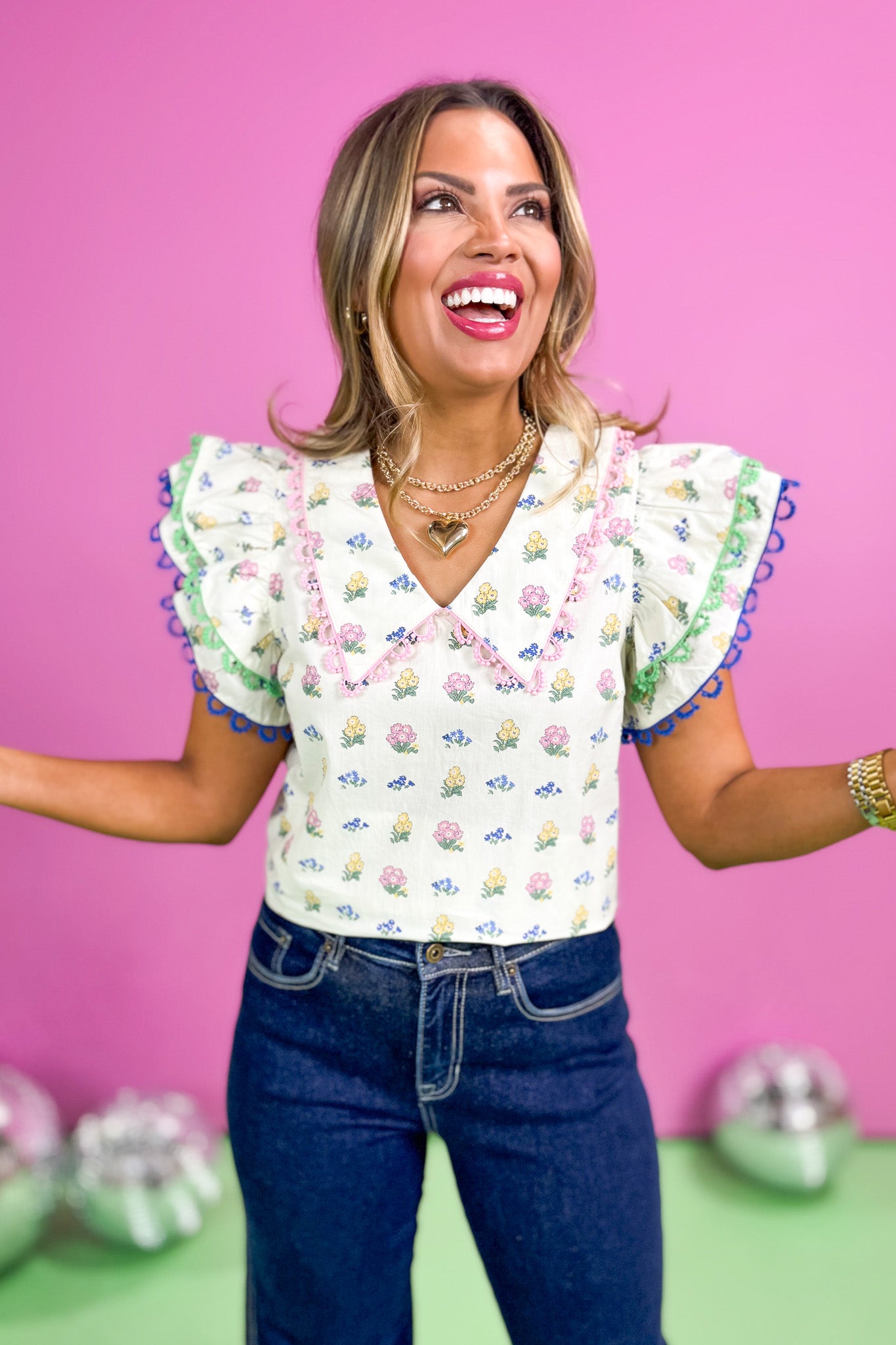 Cream Floral Print Crochet Scallop Trim Top, spring ready, pop of color, easy to wear, mom style, work to weekend, boutique wear, ssys by mallory fitzsimmons