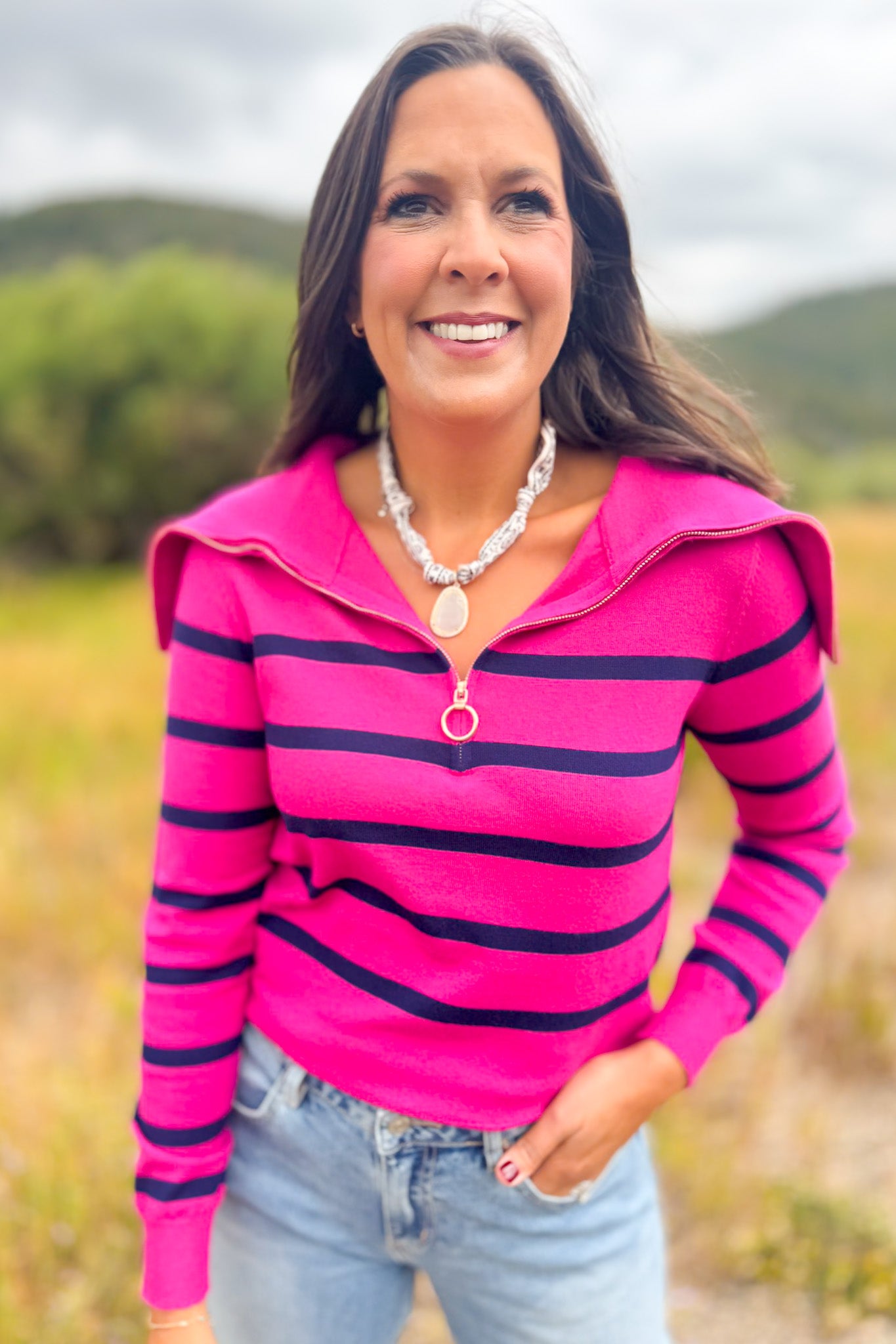 SSYS Alex Stripe Zip Long Sleeve Top In Pink Navy