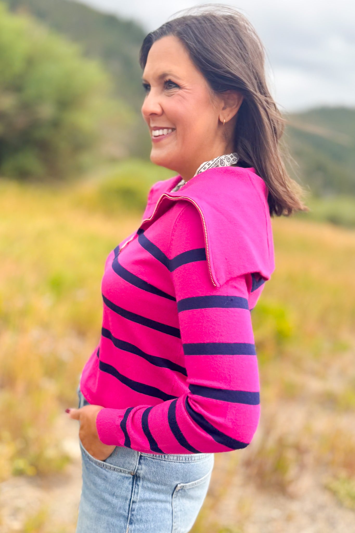 SSYS Alex Stripe Zip Long Sleeve Top In Pink Navy