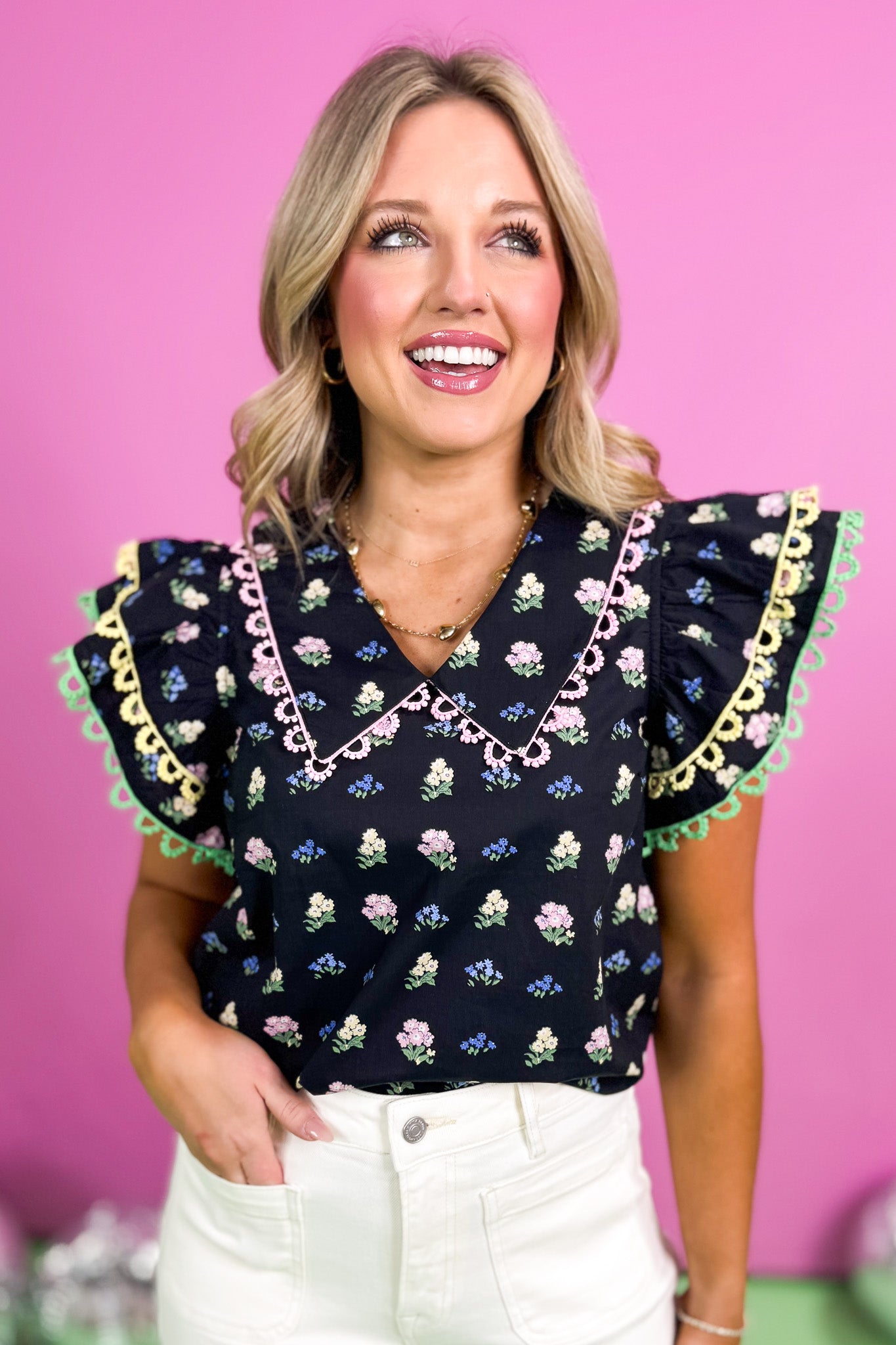 Black Floral Print Crochet Scallop Trim Top, new arrivals, spring ready, pop of color, easy to wear, work to weekend, ssys by mallory fitzsimmons