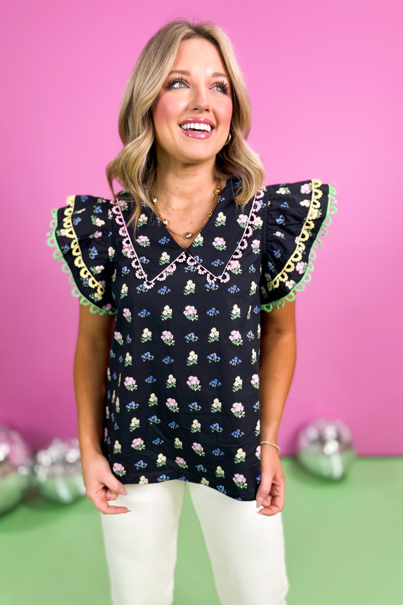 Black Floral Print Crochet Scallop Trim Top