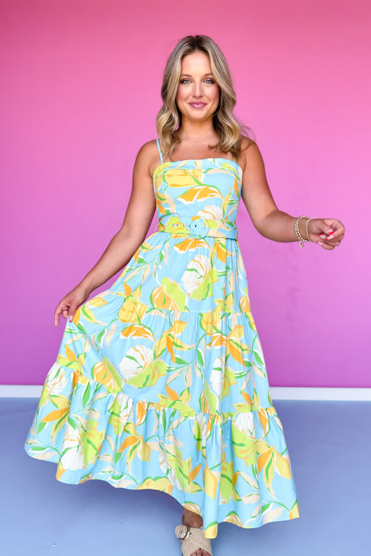 Blue Woven Print Self Belt Tiered Skirt Midi Dress