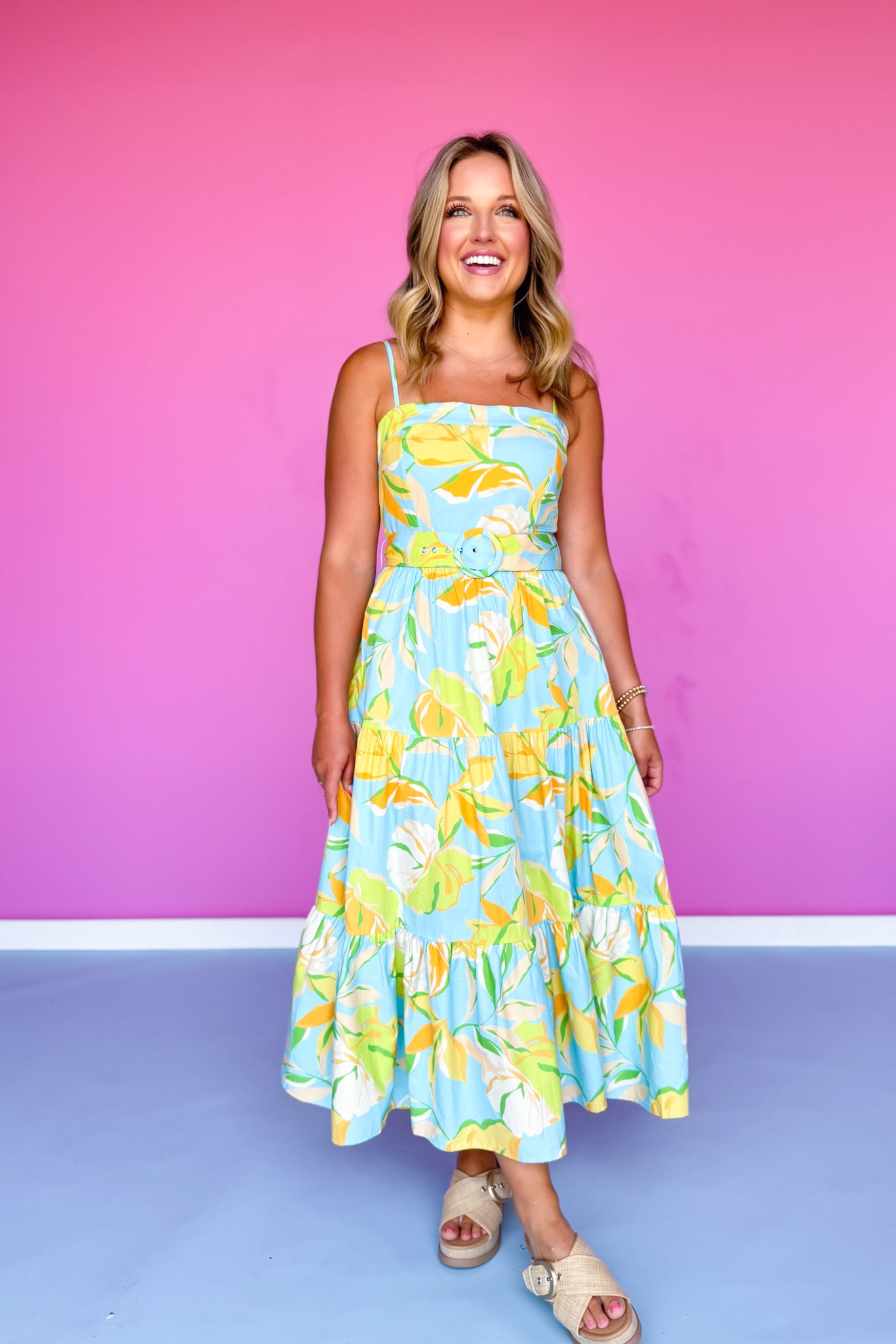 Blue Woven Print Self Belt Tiered Skirt Midi Dress