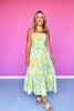 Blue Woven Print Self Belt Tiered Skirt Midi Dress