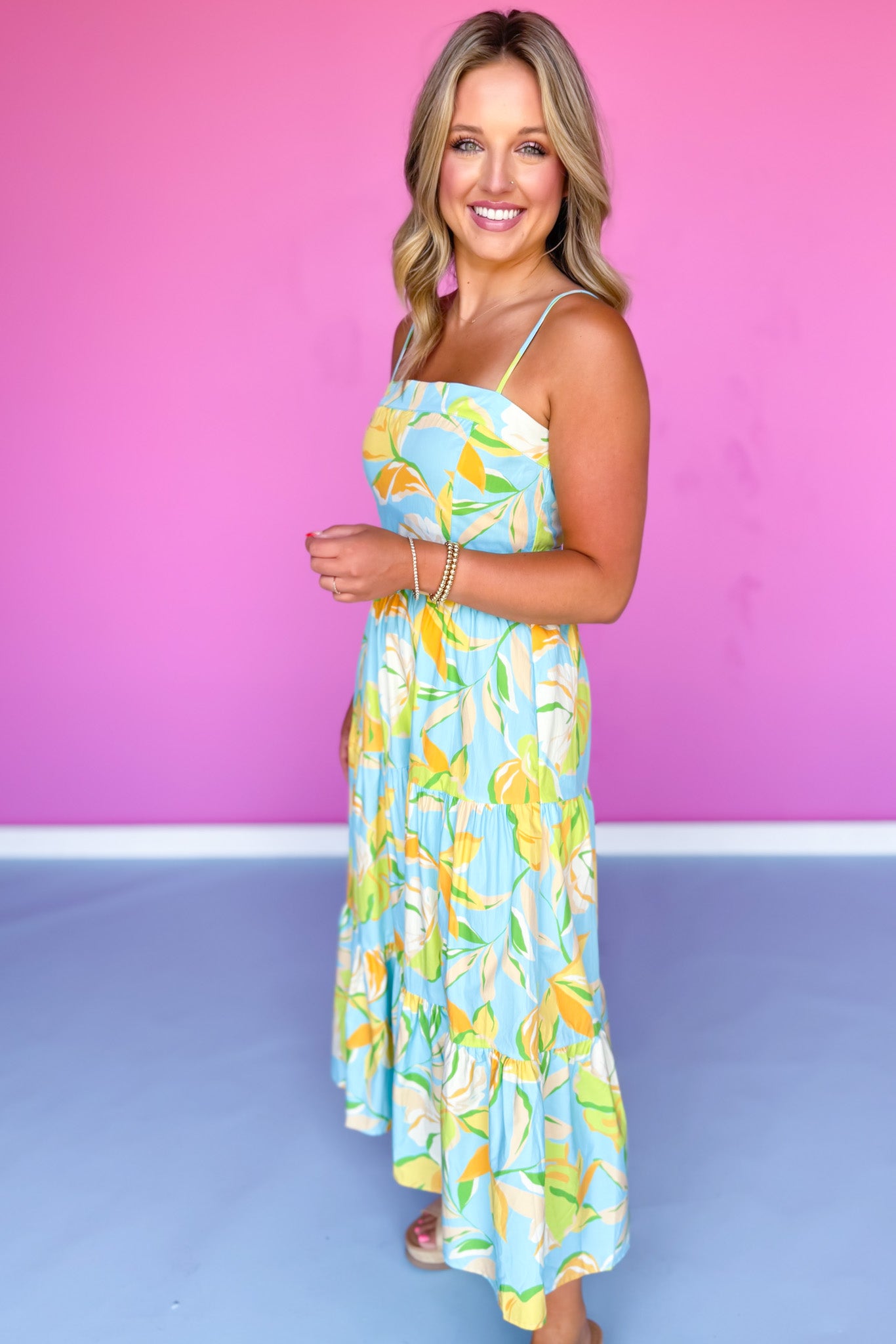 Blue Woven Print Self Belt Tiered Skirt Midi Dress