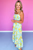 Blue Woven Print Self Belt Tiered Skirt Midi Dress