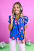 Blue Floral Print Frill V Neck Ruffle Sleeve Top