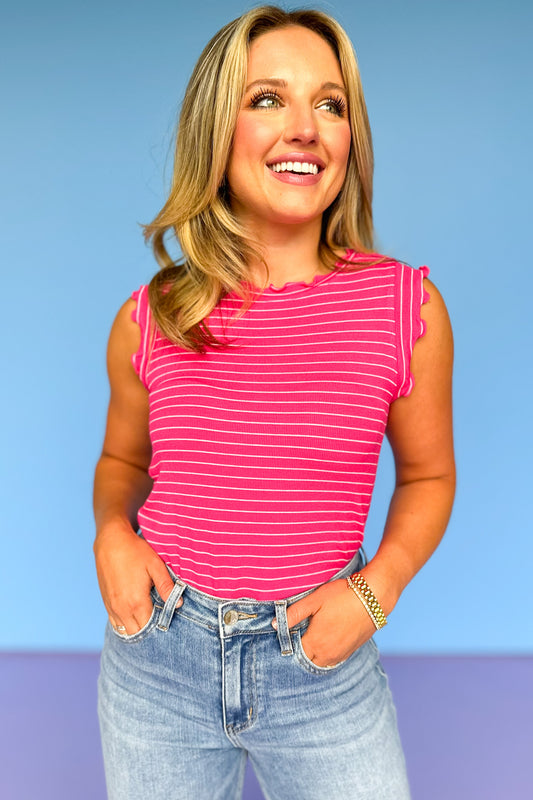 Pink Stripe Ruffle Trim Sleeveless Top