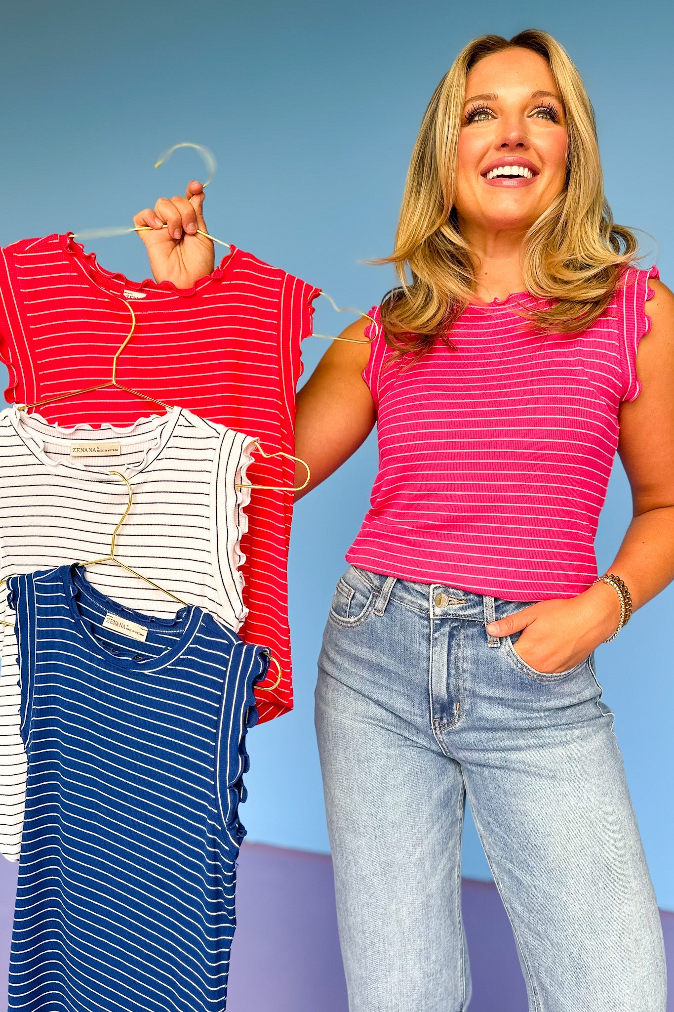 Navy Stripe Ruffle Trim Sleeveless Top