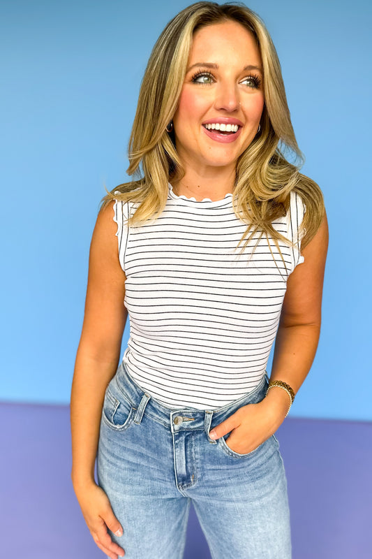 White Stripe Ruffle Trim Sleeveless Top