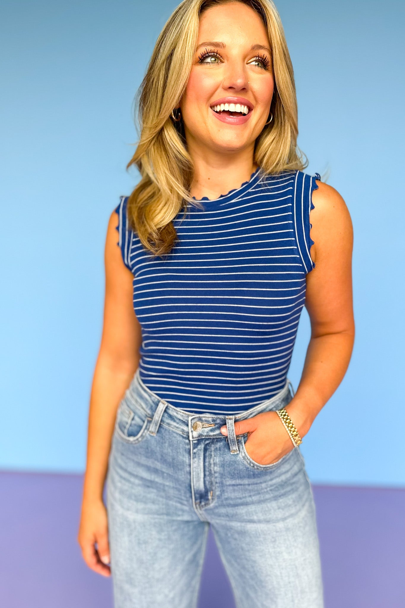 Navy Stripe Ruffle Trim Sleeveless Top