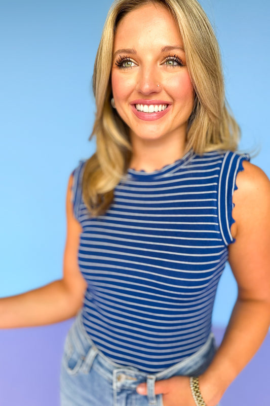 Navy Stripe Ruffle Trim Sleeveless Top