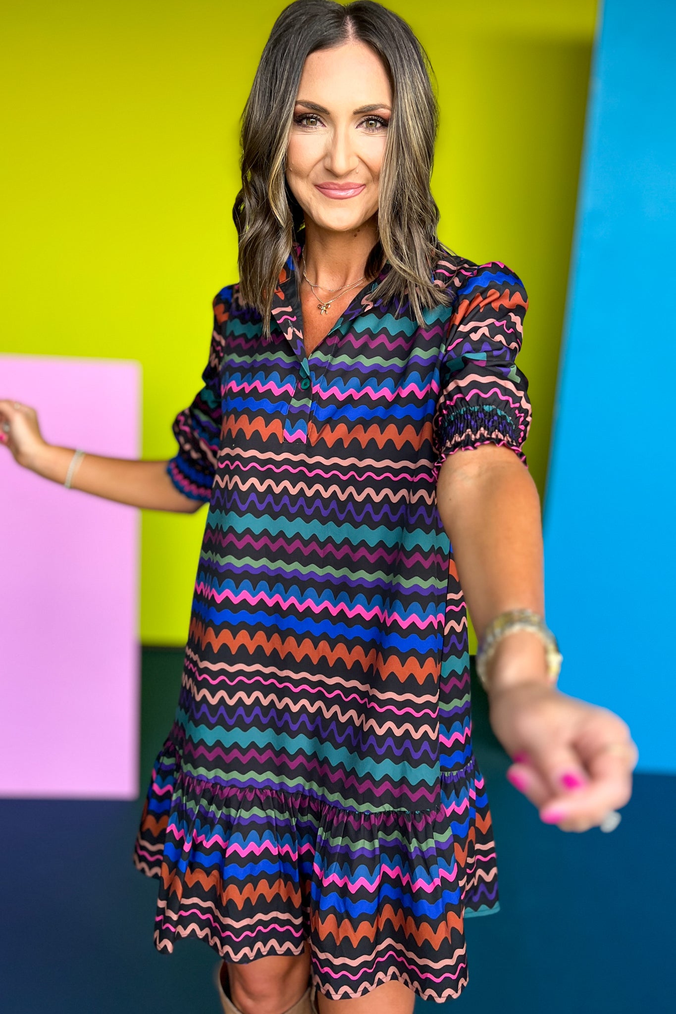 SSYS The Phoebe Smocked Long Sleeve Dress In Wave, ssys fall collection, ssys fall, fall style, fall outfit, must have fall, elevated fall, mom style, office style, office outfit, fall dress, elevated dress, ssys dress, ssys by mallory fitzsimmons
