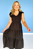 Black Flutter Sleeve Smocked V Neck Tiered Dress *FINAL SALE*