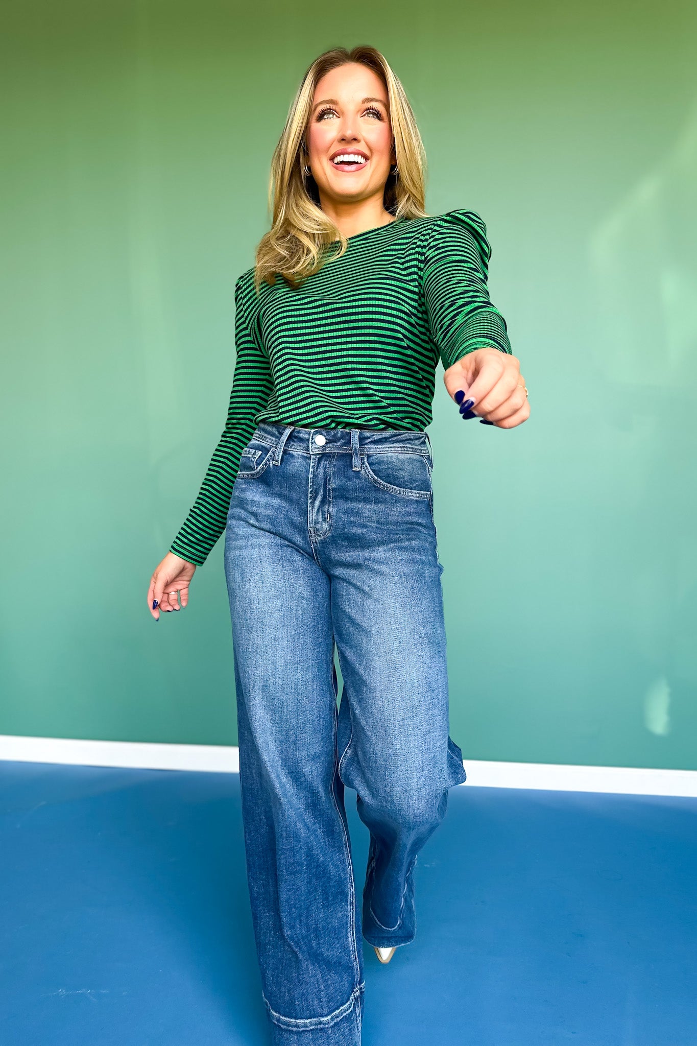 SSYS Lacey Stripe Crew Neck Long Sleeve Top In Green Navy