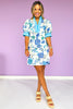 Blue Floral Print Contrast Neck Band Finish Dress
