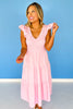 Pink Flutter Sleeve Smocked V Neck Tiered Dress *FINAL SALE*