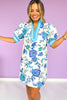 Blue Floral Print Contrast Neck Band Finish Dress