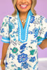 Blue Floral Print Contrast Neck Band Finish Dress