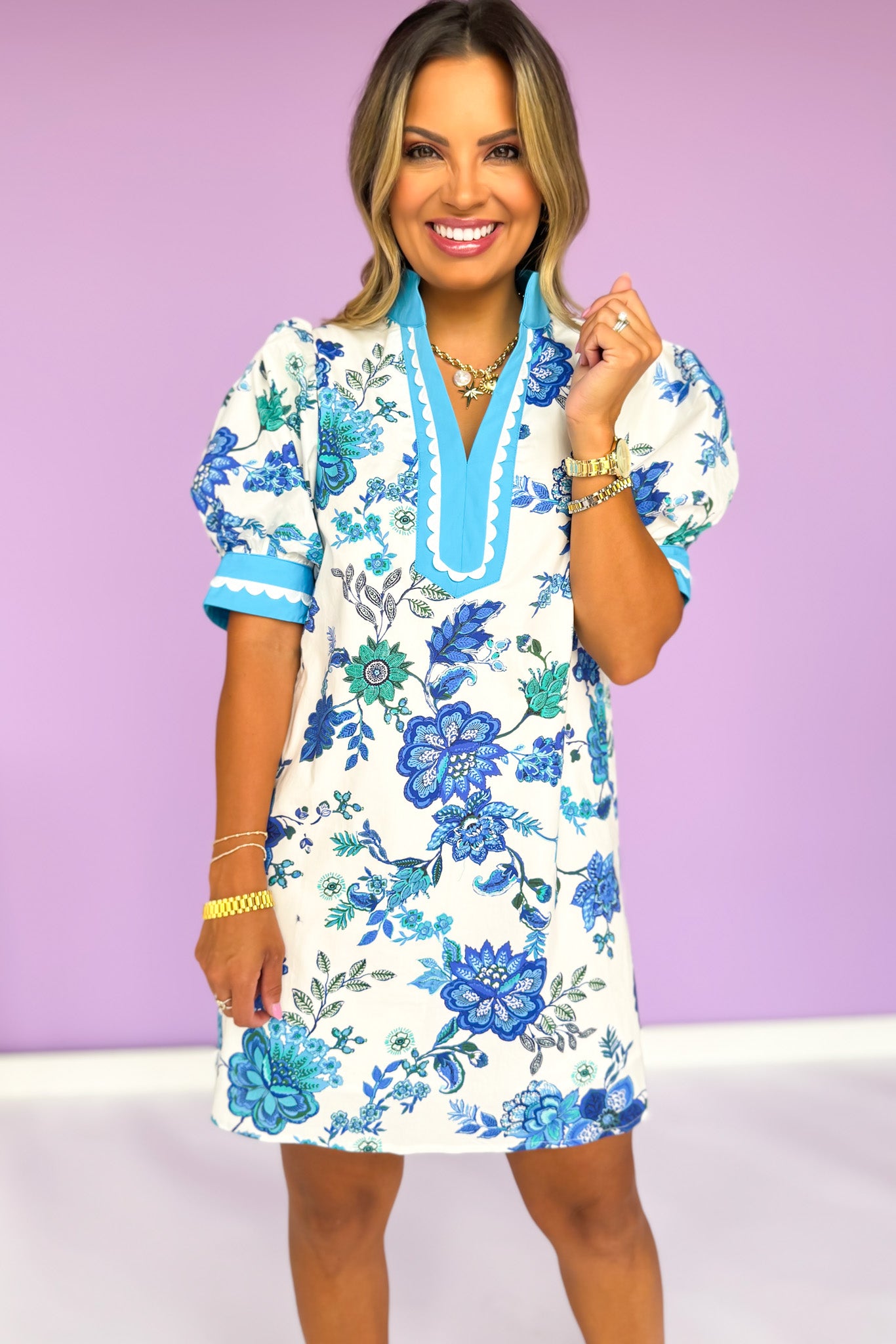 Blue Floral Print Contrast Neck Band Finish Dress