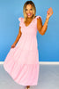 Pink Flutter Sleeve Smocked V Neck Tiered Dress *FINAL SALE*